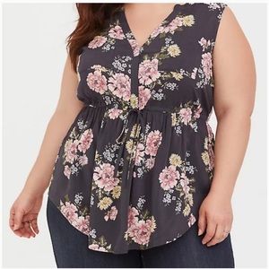Torrid Emma - Dark Gray Floral Challis Drawstring Babydoll Tunic Size 2